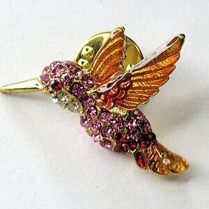 Hummingbird Brooch Pin Orange Rhinestone Hummingbird Pin Glitter Small Brooch